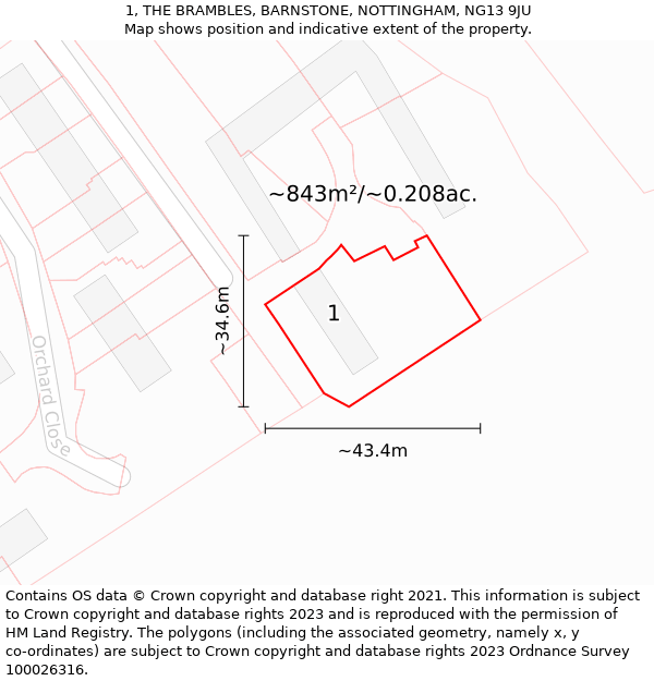 1, THE BRAMBLES, BARNSTONE, NOTTINGHAM, NG13 9JU: Plot and title map