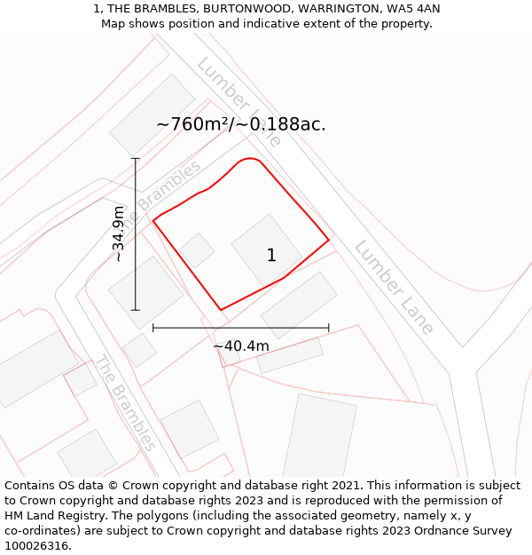 1, THE BRAMBLES, BURTONWOOD, WARRINGTON, WA5 4AN: Plot and title map