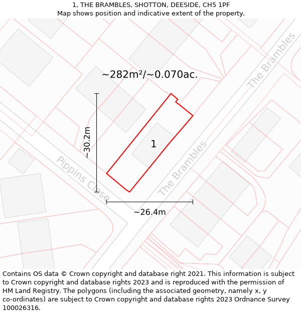 1, THE BRAMBLES, SHOTTON, DEESIDE, CH5 1PF: Plot and title map