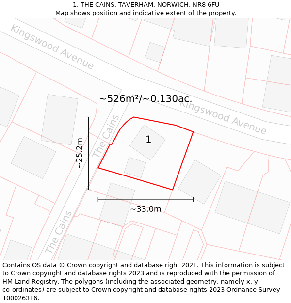 1, THE CAINS, TAVERHAM, NORWICH, NR8 6FU: Plot and title map