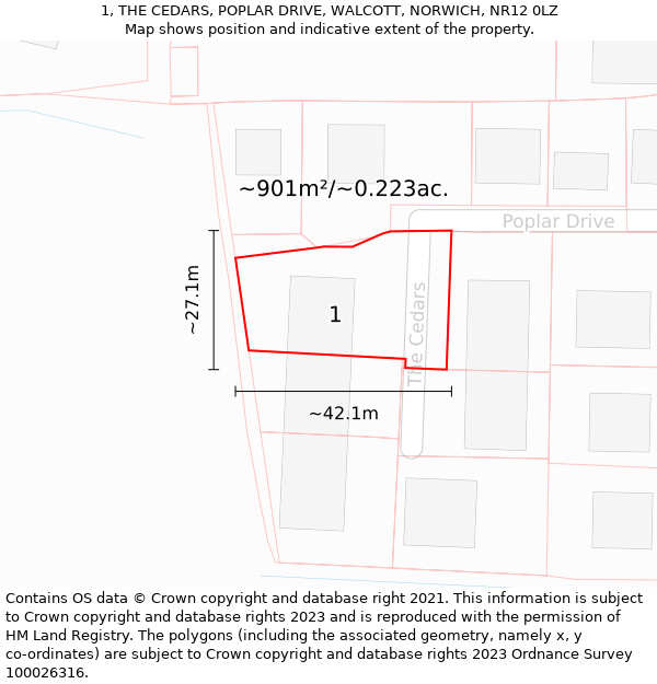 1, THE CEDARS, POPLAR DRIVE, WALCOTT, NORWICH, NR12 0LZ: Plot and title map