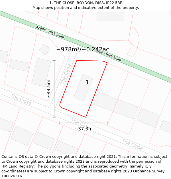 1, THE CLOSE, ROYDON, DISS, IP22 5RE: Plot and title map