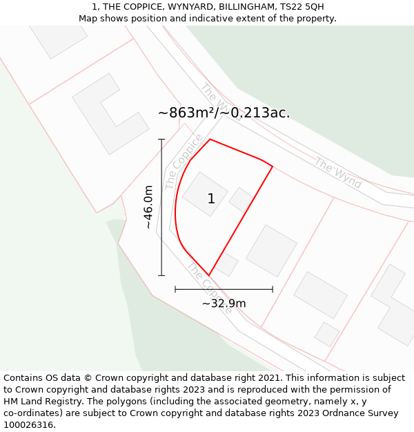1, THE COPPICE, WYNYARD, BILLINGHAM, TS22 5QH: Plot and title map
