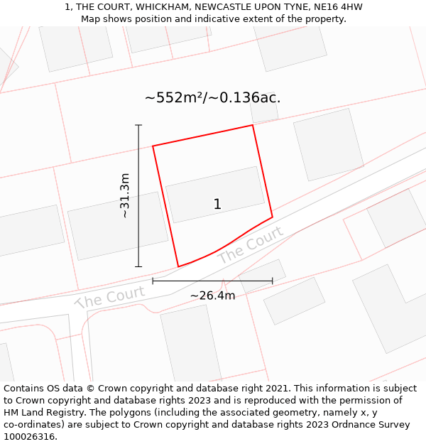 1, THE COURT, WHICKHAM, NEWCASTLE UPON TYNE, NE16 4HW: Plot and title map