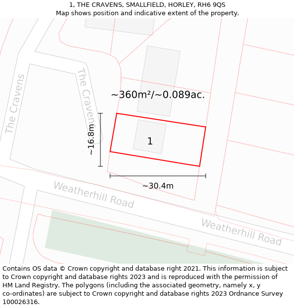 1, THE CRAVENS, SMALLFIELD, HORLEY, RH6 9QS: Plot and title map