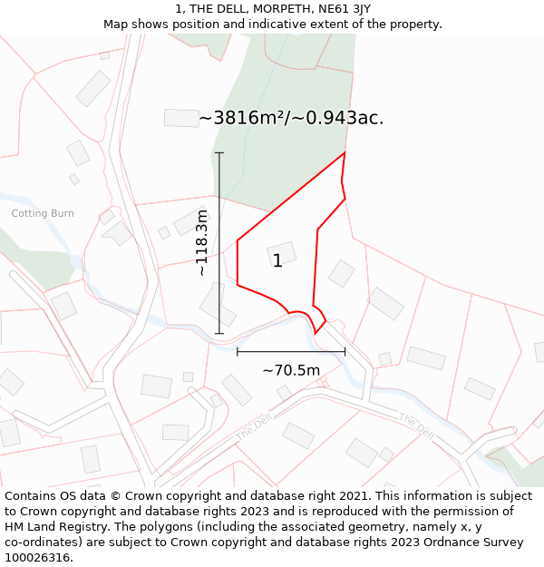 1, THE DELL, MORPETH, NE61 3JY: Plot and title map