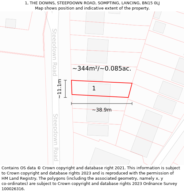 1, THE DOWNS, STEEPDOWN ROAD, SOMPTING, LANCING, BN15 0LJ: Plot and title map