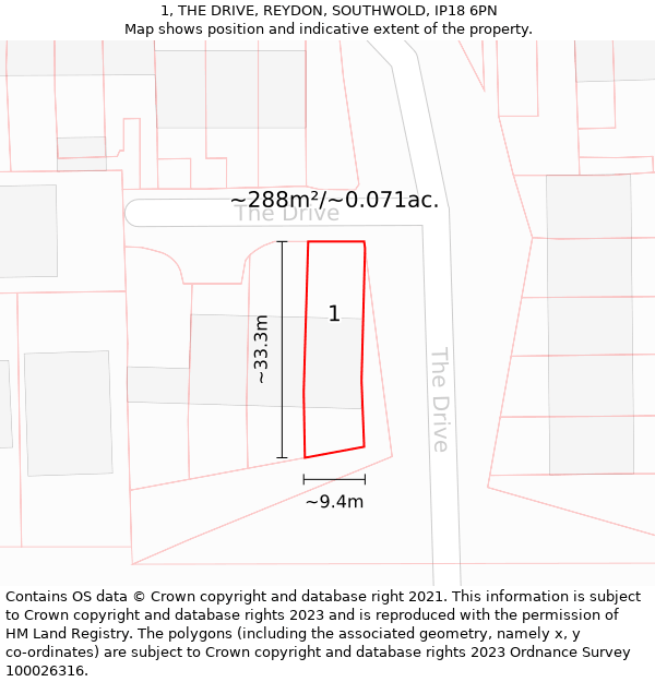 1, THE DRIVE, REYDON, SOUTHWOLD, IP18 6PN: Plot and title map