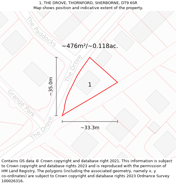 1, THE DROVE, THORNFORD, SHERBORNE, DT9 6SR: Plot and title map