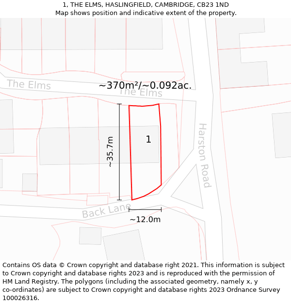 1, THE ELMS, HASLINGFIELD, CAMBRIDGE, CB23 1ND: Plot and title map