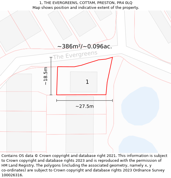 1, THE EVERGREENS, COTTAM, PRESTON, PR4 0LQ: Plot and title map