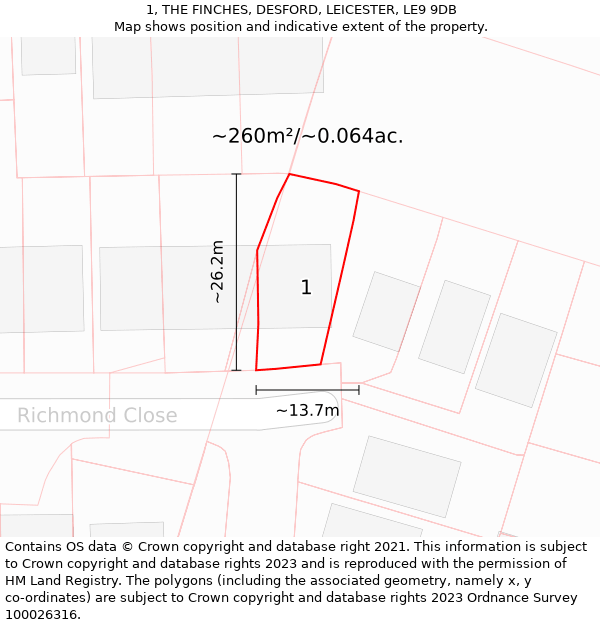 1, THE FINCHES, DESFORD, LEICESTER, LE9 9DB: Plot and title map