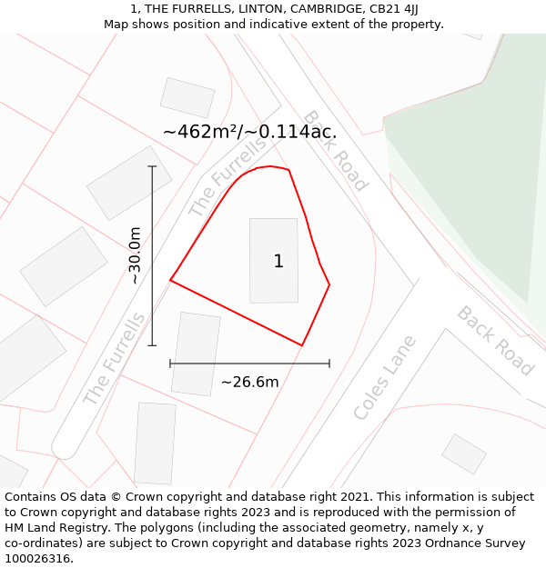 1, THE FURRELLS, LINTON, CAMBRIDGE, CB21 4JJ: Plot and title map