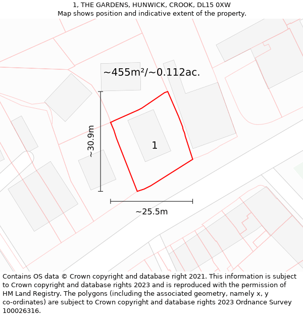 1, THE GARDENS, HUNWICK, CROOK, DL15 0XW: Plot and title map