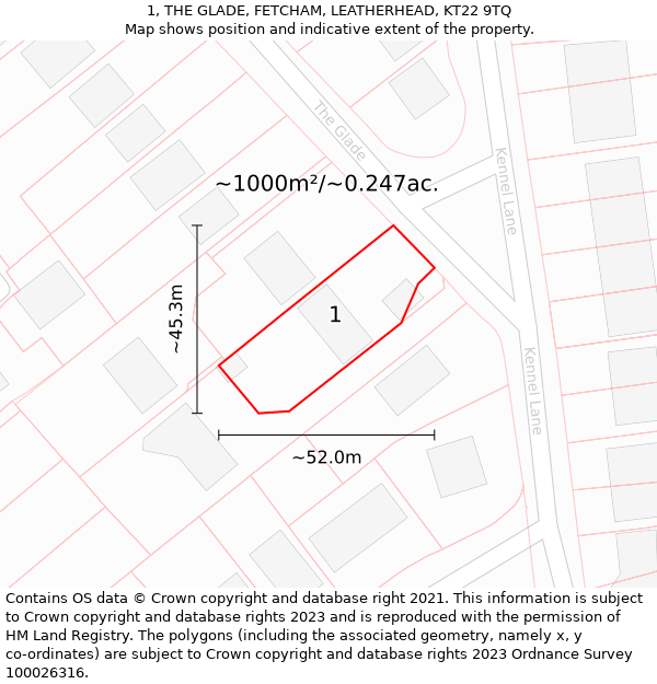 1, THE GLADE, FETCHAM, LEATHERHEAD, KT22 9TQ: Plot and title map