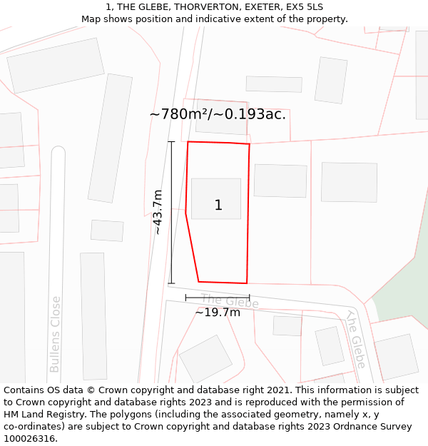 1, THE GLEBE, THORVERTON, EXETER, EX5 5LS: Plot and title map