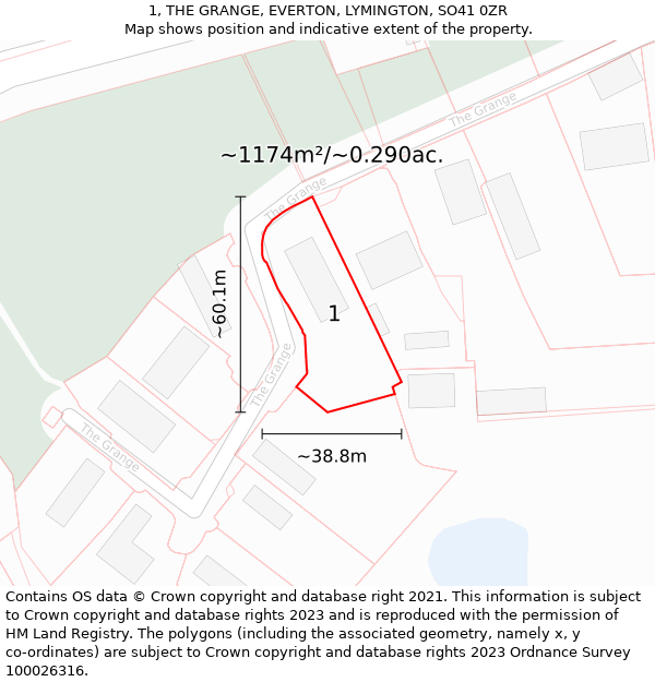 1, THE GRANGE, EVERTON, LYMINGTON, SO41 0ZR: Plot and title map