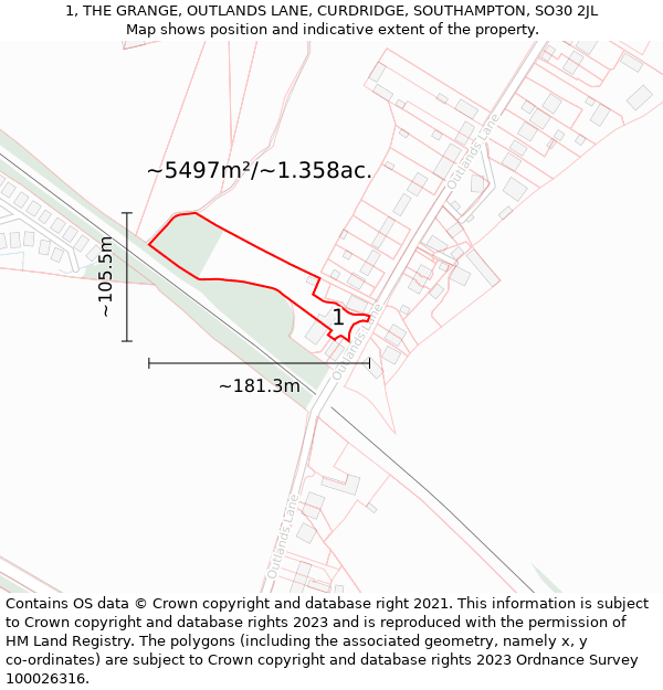 1, THE GRANGE, OUTLANDS LANE, CURDRIDGE, SOUTHAMPTON, SO30 2JL: Plot and title map
