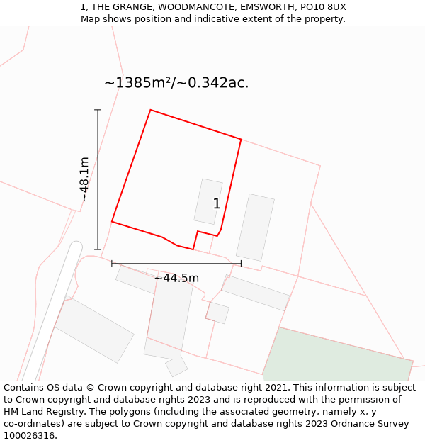 1, THE GRANGE, WOODMANCOTE, EMSWORTH, PO10 8UX: Plot and title map