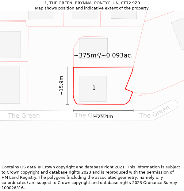 1, THE GREEN, BRYNNA, PONTYCLUN, CF72 9ZR: Plot and title map