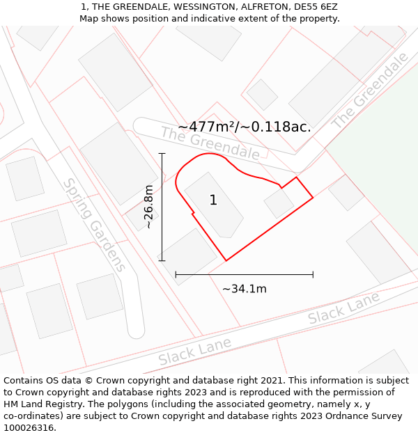 1, THE GREENDALE, WESSINGTON, ALFRETON, DE55 6EZ: Plot and title map