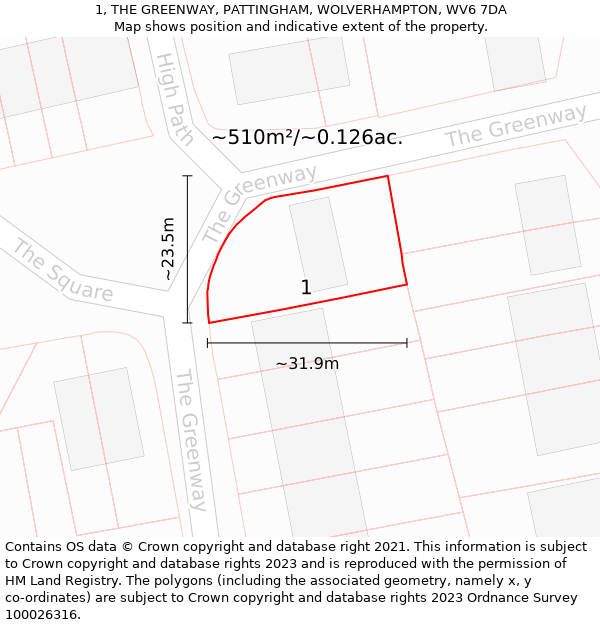 1, THE GREENWAY, PATTINGHAM, WOLVERHAMPTON, WV6 7DA: Plot and title map