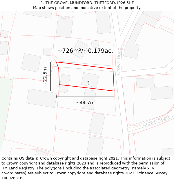 1, THE GROVE, MUNDFORD, THETFORD, IP26 5HF: Plot and title map