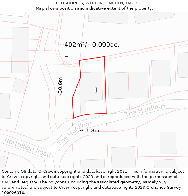 1, THE HARDINGS, WELTON, LINCOLN, LN2 3FE: Plot and title map