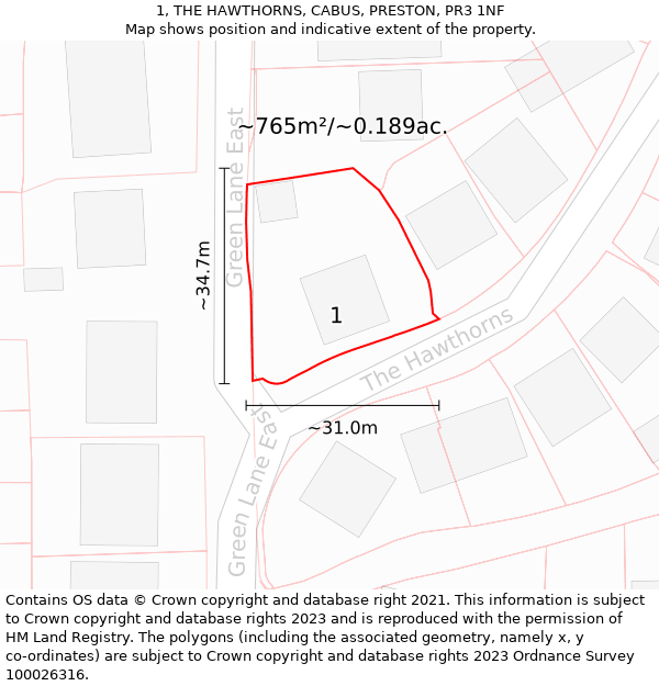 1, THE HAWTHORNS, CABUS, PRESTON, PR3 1NF: Plot and title map