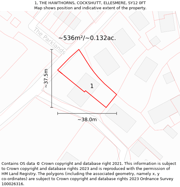 1, THE HAWTHORNS, COCKSHUTT, ELLESMERE, SY12 0FT: Plot and title map