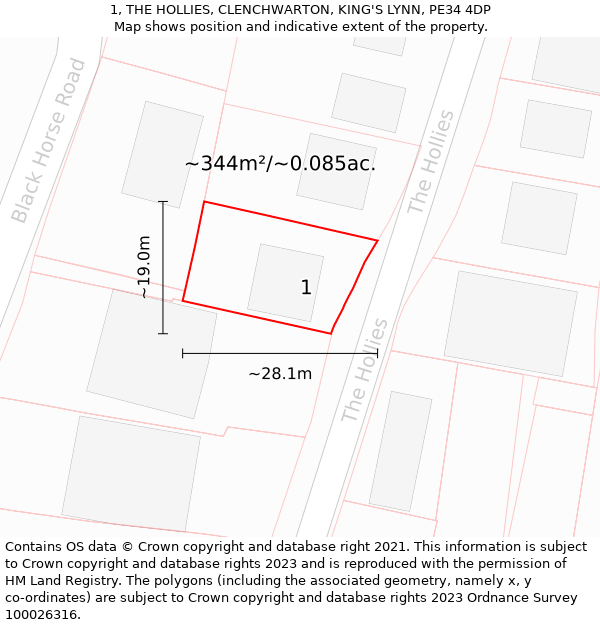 1, THE HOLLIES, CLENCHWARTON, KING'S LYNN, PE34 4DP: Plot and title map