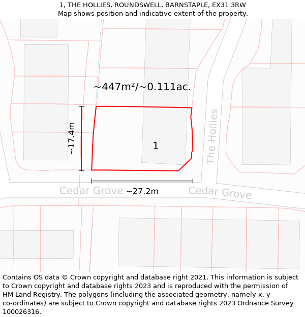 1, THE HOLLIES, ROUNDSWELL, BARNSTAPLE, EX31 3RW: Plot and title map