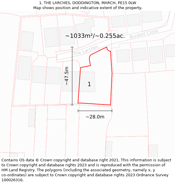 1, THE LARCHES, DODDINGTON, MARCH, PE15 0LW: Plot and title map