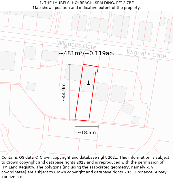 1, THE LAURELS, HOLBEACH, SPALDING, PE12 7RE: Plot and title map