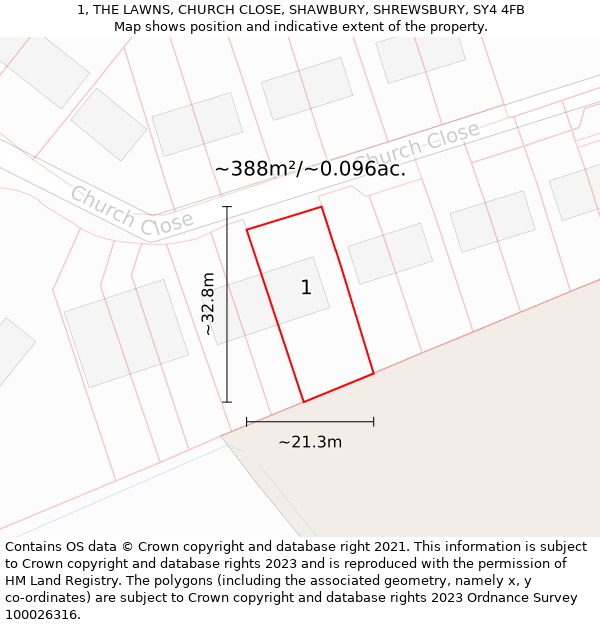 1, THE LAWNS, CHURCH CLOSE, SHAWBURY, SHREWSBURY, SY4 4FB: Plot and title map