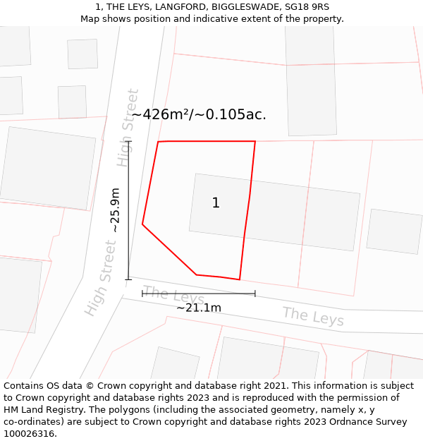 1, THE LEYS, LANGFORD, BIGGLESWADE, SG18 9RS: Plot and title map