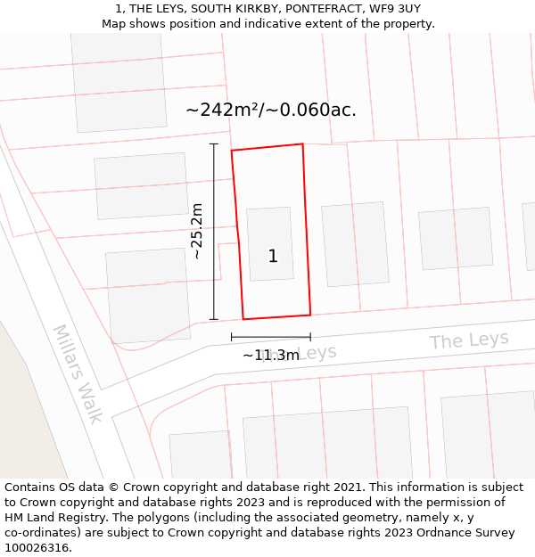 1, THE LEYS, SOUTH KIRKBY, PONTEFRACT, WF9 3UY: Plot and title map