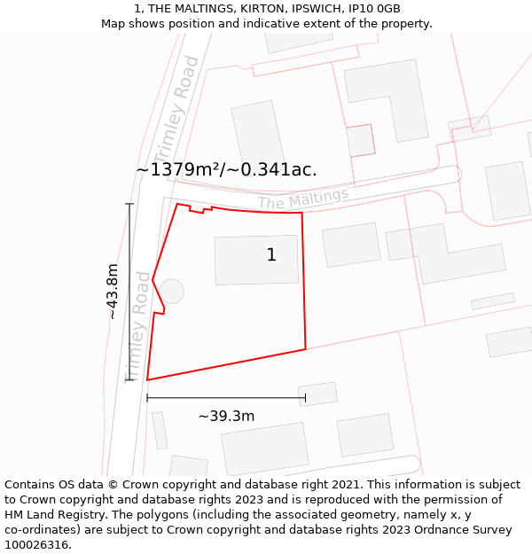 1, THE MALTINGS, KIRTON, IPSWICH, IP10 0GB: Plot and title map