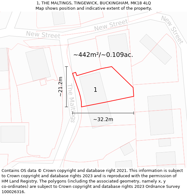 1, THE MALTINGS, TINGEWICK, BUCKINGHAM, MK18 4LQ: Plot and title map