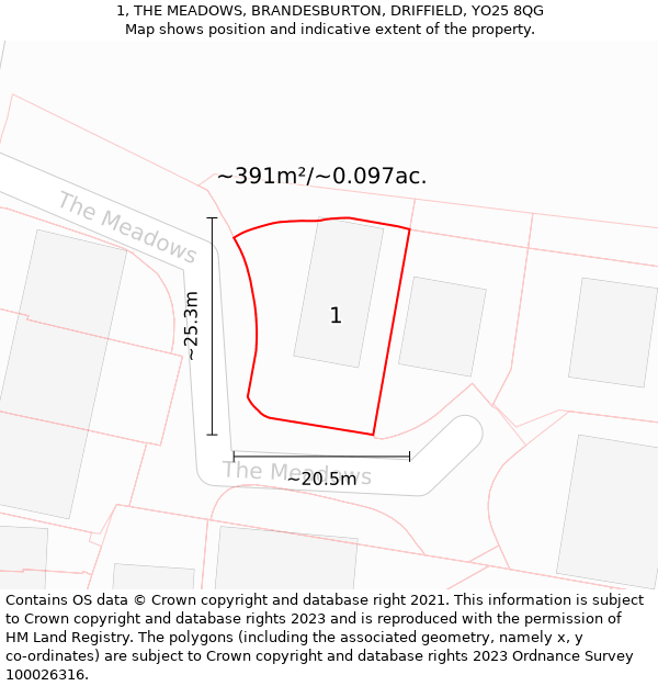 1, THE MEADOWS, BRANDESBURTON, DRIFFIELD, YO25 8QG: Plot and title map