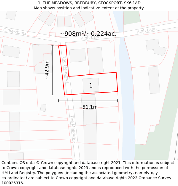 1, THE MEADOWS, BREDBURY, STOCKPORT, SK6 1AD: Plot and title map