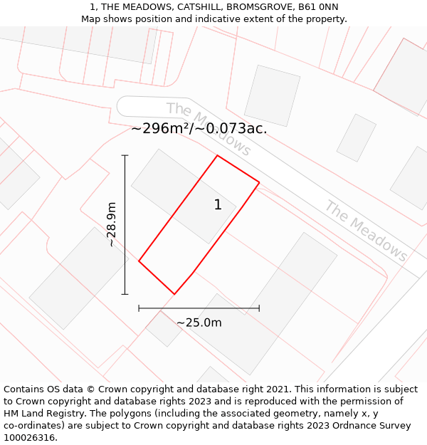 1, THE MEADOWS, CATSHILL, BROMSGROVE, B61 0NN: Plot and title map