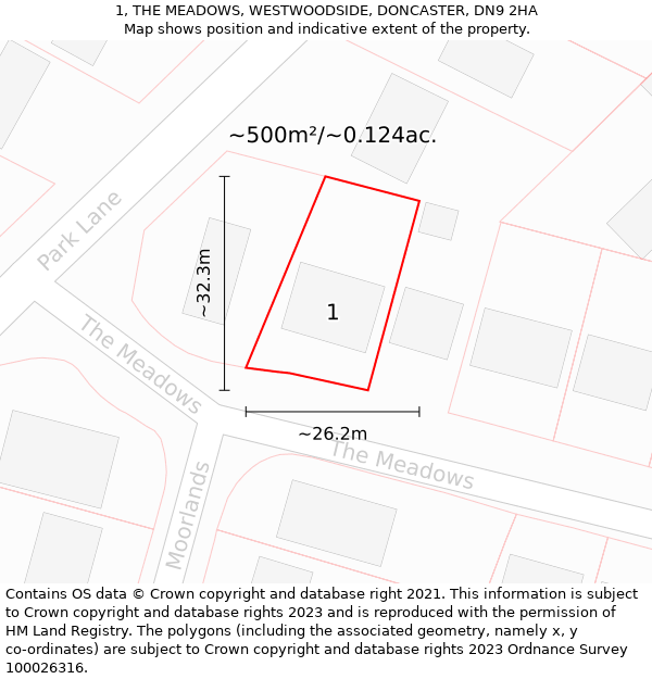 1, THE MEADOWS, WESTWOODSIDE, DONCASTER, DN9 2HA: Plot and title map