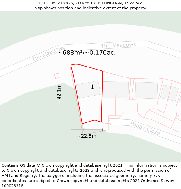 1, THE MEADOWS, WYNYARD, BILLINGHAM, TS22 5GS: Plot and title map