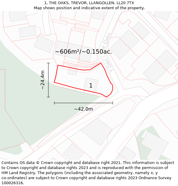 1, THE OAKS, TREVOR, LLANGOLLEN, LL20 7TX: Plot and title map