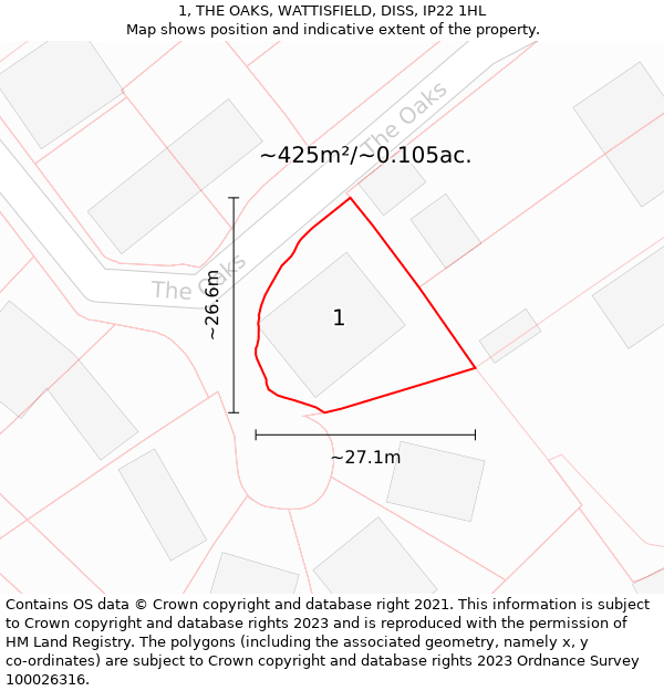 1, THE OAKS, WATTISFIELD, DISS, IP22 1HL: Plot and title map