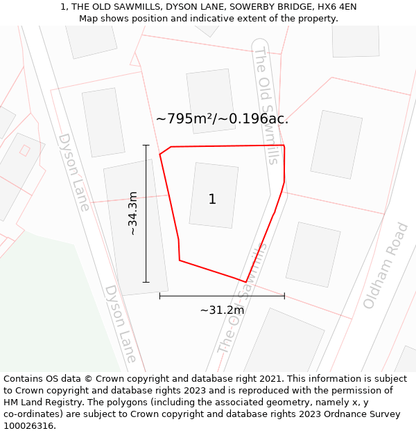 1, THE OLD SAWMILLS, DYSON LANE, SOWERBY BRIDGE, HX6 4EN: Plot and title map