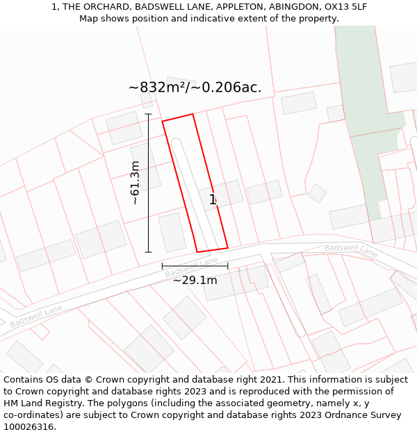 1, THE ORCHARD, BADSWELL LANE, APPLETON, ABINGDON, OX13 5LF: Plot and title map
