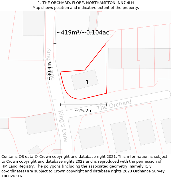 1, THE ORCHARD, FLORE, NORTHAMPTON, NN7 4LH: Plot and title map