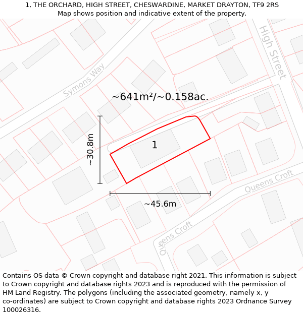 1, THE ORCHARD, HIGH STREET, CHESWARDINE, MARKET DRAYTON, TF9 2RS: Plot and title map